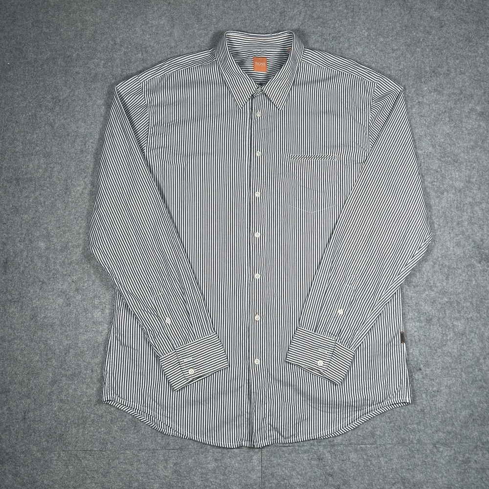 Hugo‎ Boss Button Down Shirt Men's Size XXXL 3XL White Blue Vertical Striped